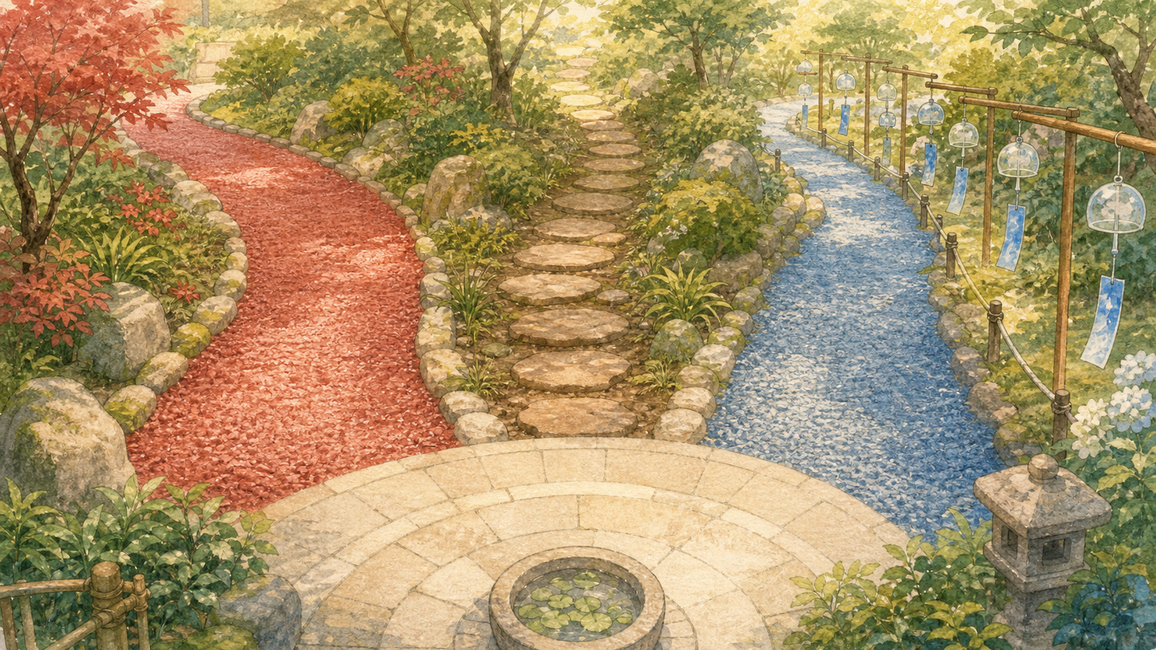 赤軸・茶軸・青軸の個性を三つの庭道で表したイラスト