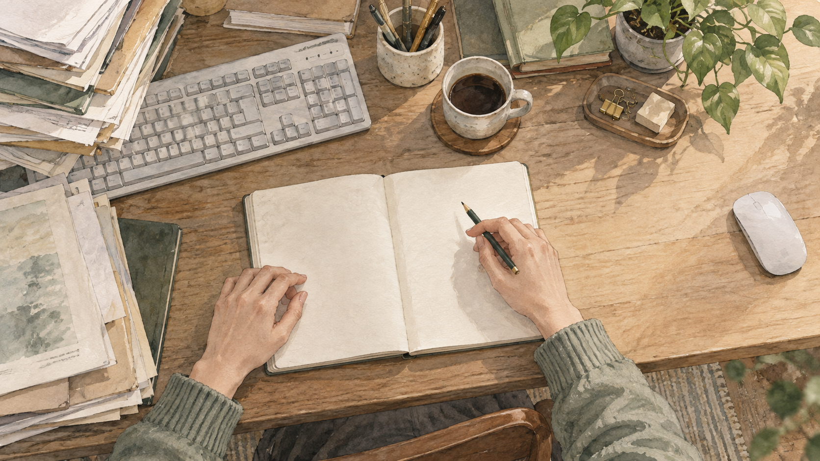 書類とノートに押され、キーボードが片側へ寄った机を上から見た水彩イラスト
