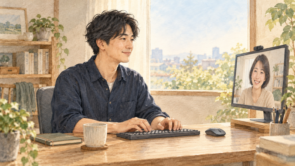 キーボードとマウスを手の届く位置に置いた朝の机で、ヨーヨとアリスが話す水彩イラスト