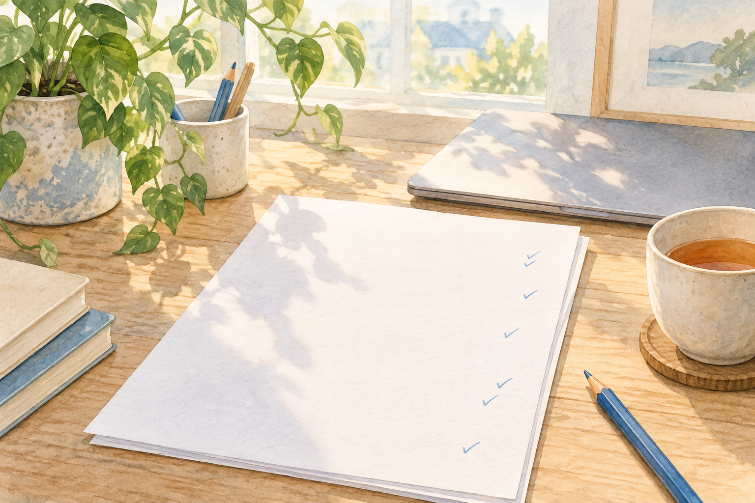 朝の机で印刷した文章を確認する水彩イラスト